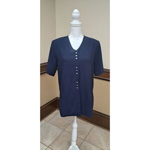 Rebecca Malone Navy Blue Button Detail-Front Top- Large- classic, sophisticated